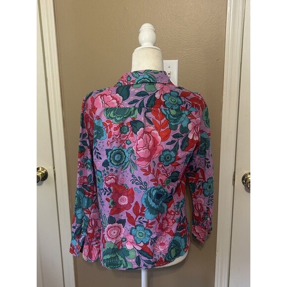 Talbots Cotton Button Front Shirt Sketched Blooms in Violet Petite M Lightweight - Picture 4 of 11